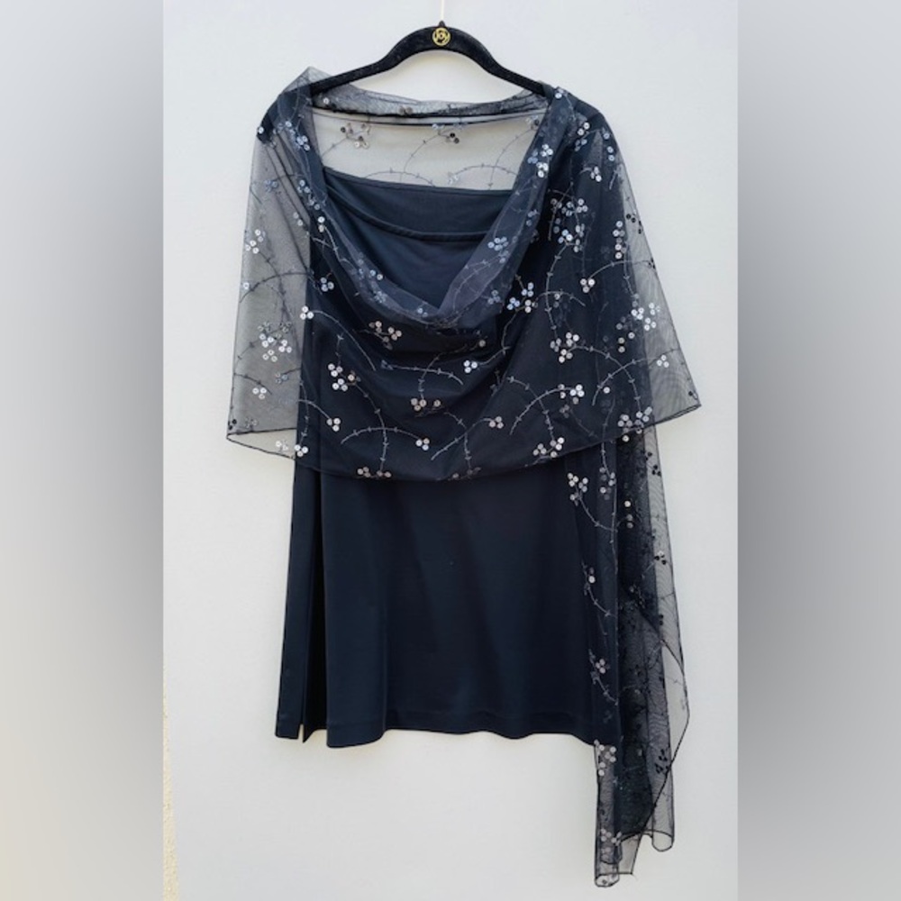 Black Soft Mesh Tulle Hologram Sequin Embroidered Scarf/Wrap 90" X 19" - Picture 3 of 7